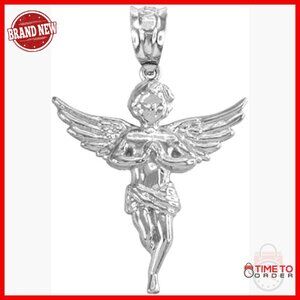 10K White Gold Praying Angel Charm Pendant, Textured Religious Jewelry